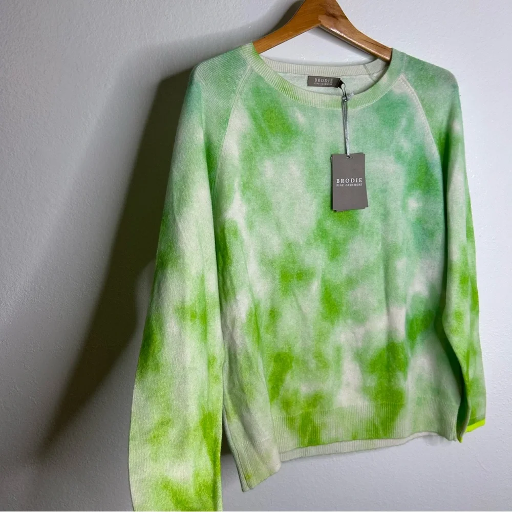 NWT Brodie Cashmere 100% Cashmere Green Tie Dye Multicolor Pullover Sweater